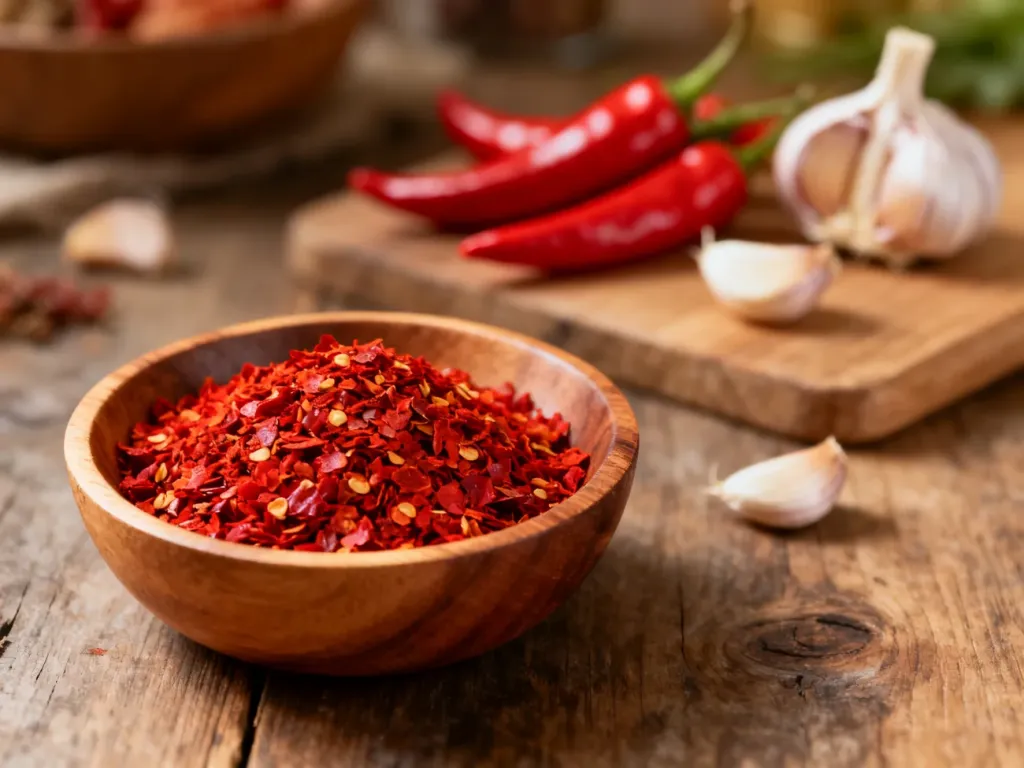 Drewniana miseczka z płatkami czerwonej papryki gochugaru na tle świeżych papryczek chili i czosnku.