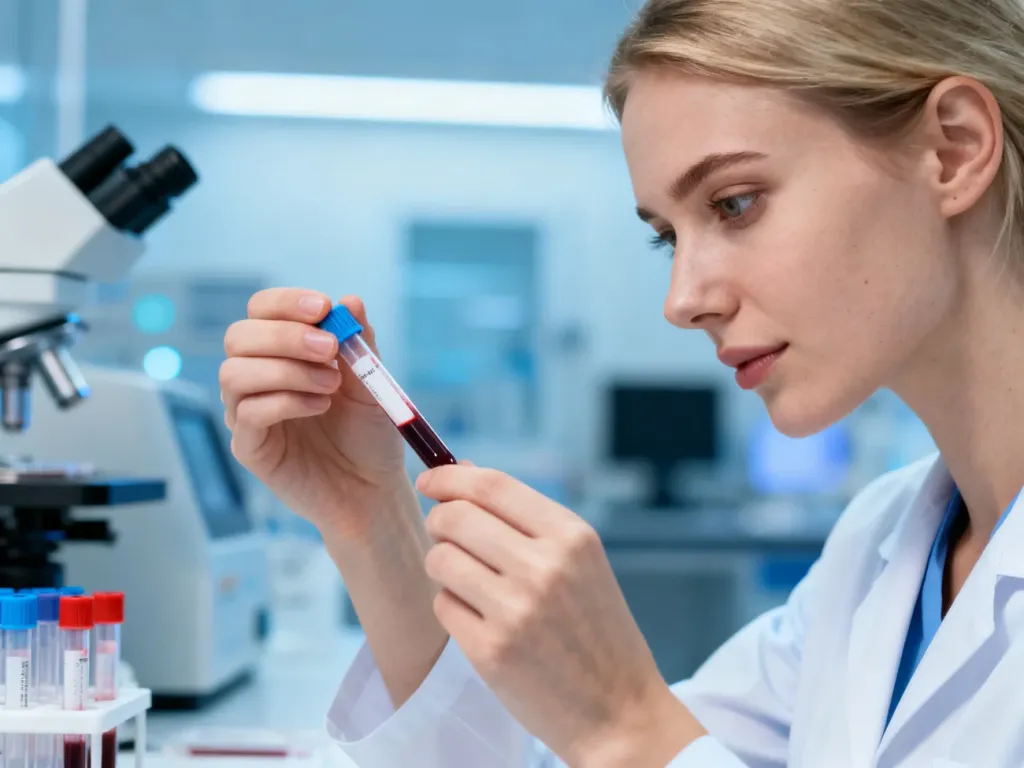 Pracownik laboratorium trzymający probówkę z krwią w profesjonalnym otoczeniu medycznym.