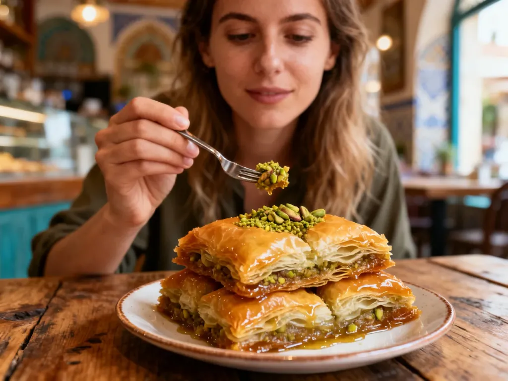 Zbliżenie na kawałki baklawy z warstwami ciasta filo i pistacjami, które kobieta zamierza zjeść widelczykiem.