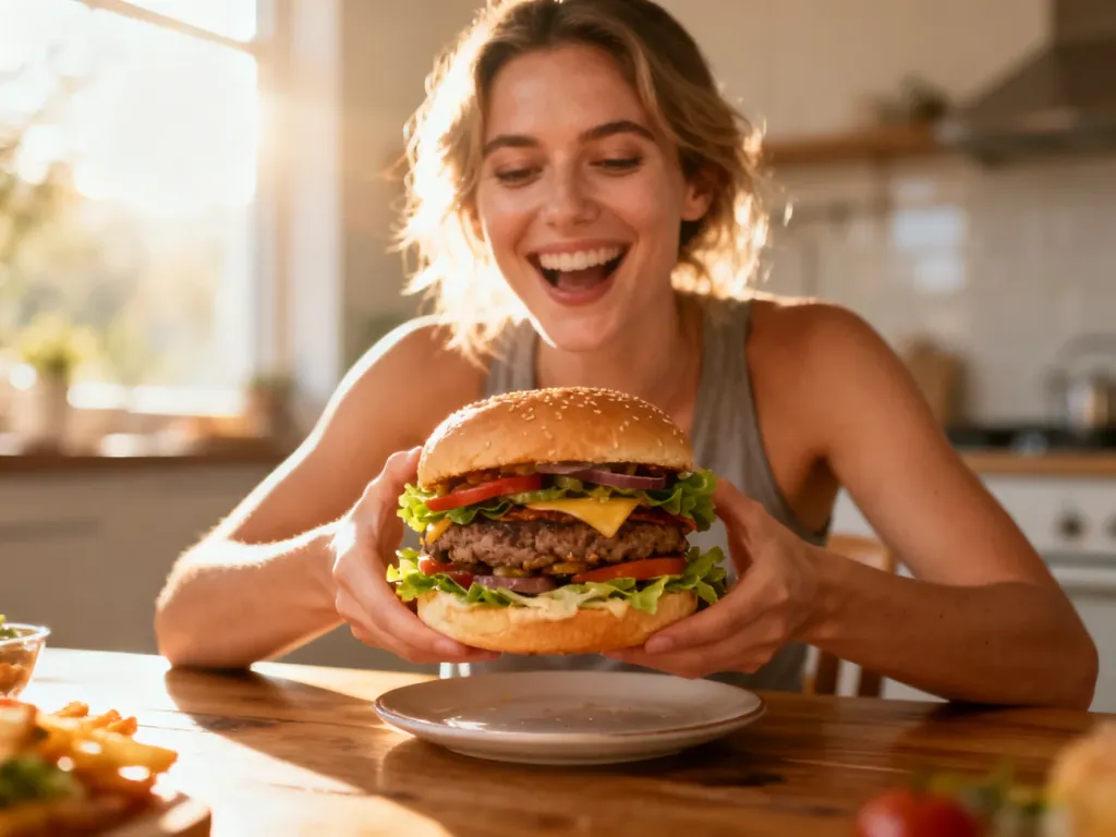 Uśmiechnięta, wysportowana kobieta trzymająca apetycznego burgera w słonecznej kuchni, celebrująca posiłek typu cheat meal.